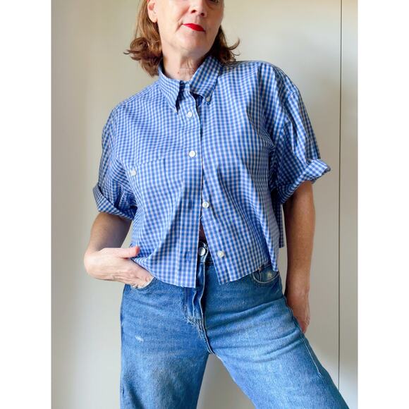 Upcycled Vintage Orvis Button-Up Shirt Cropped Blue Size XL Preppy Reworked - Picture 3 of 7